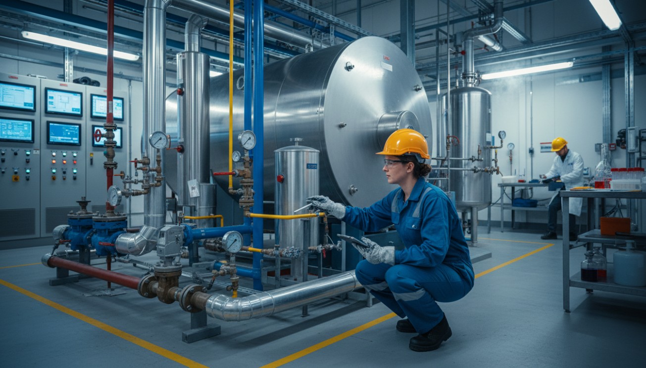 Technician collecting a boiler-water sample during a treatment program audit.